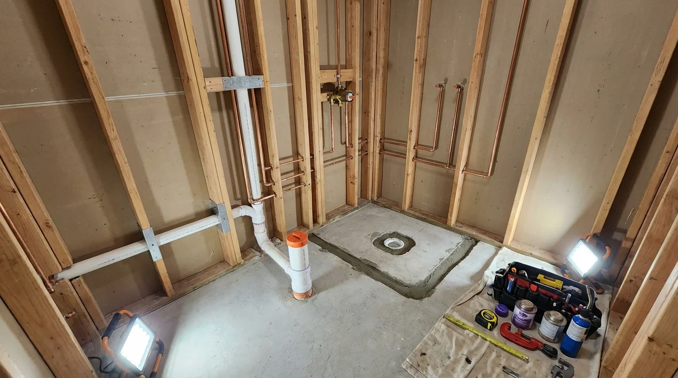 Bathroom rough-in plumbing during remodel by Johns Plumbing LLC in Lake Geneva