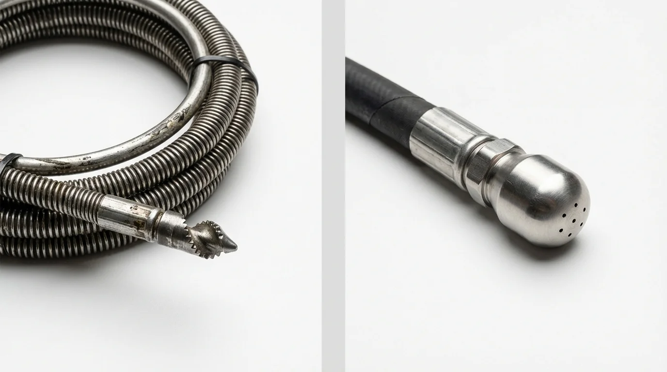 Drain snake cable and hydro jetting nozzle used for drain cleaning in Lake Geneva, WI