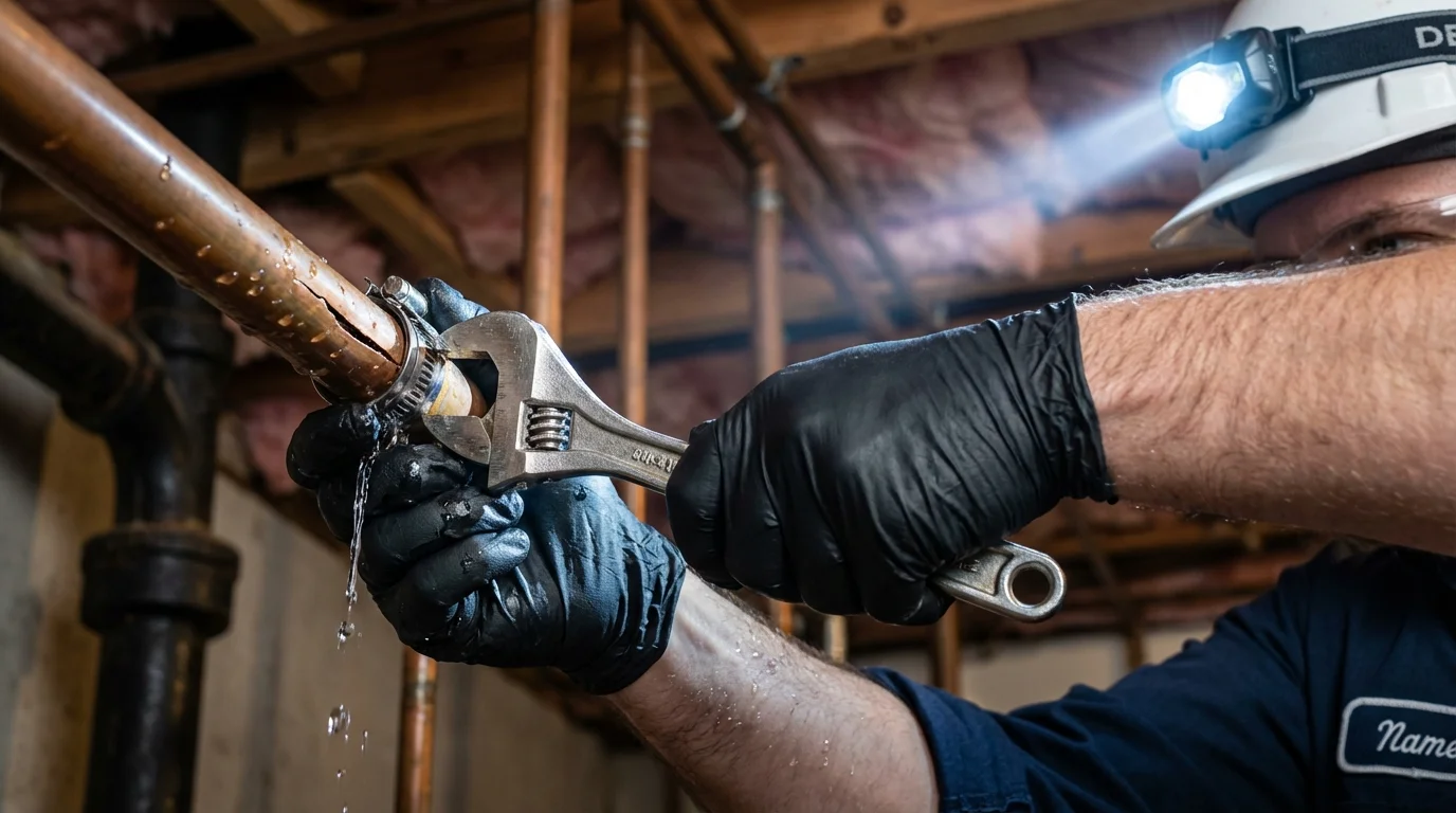 Emergency pipe clamp repair being performed by a Johns Plumbing LLC plumber in Lake Geneva