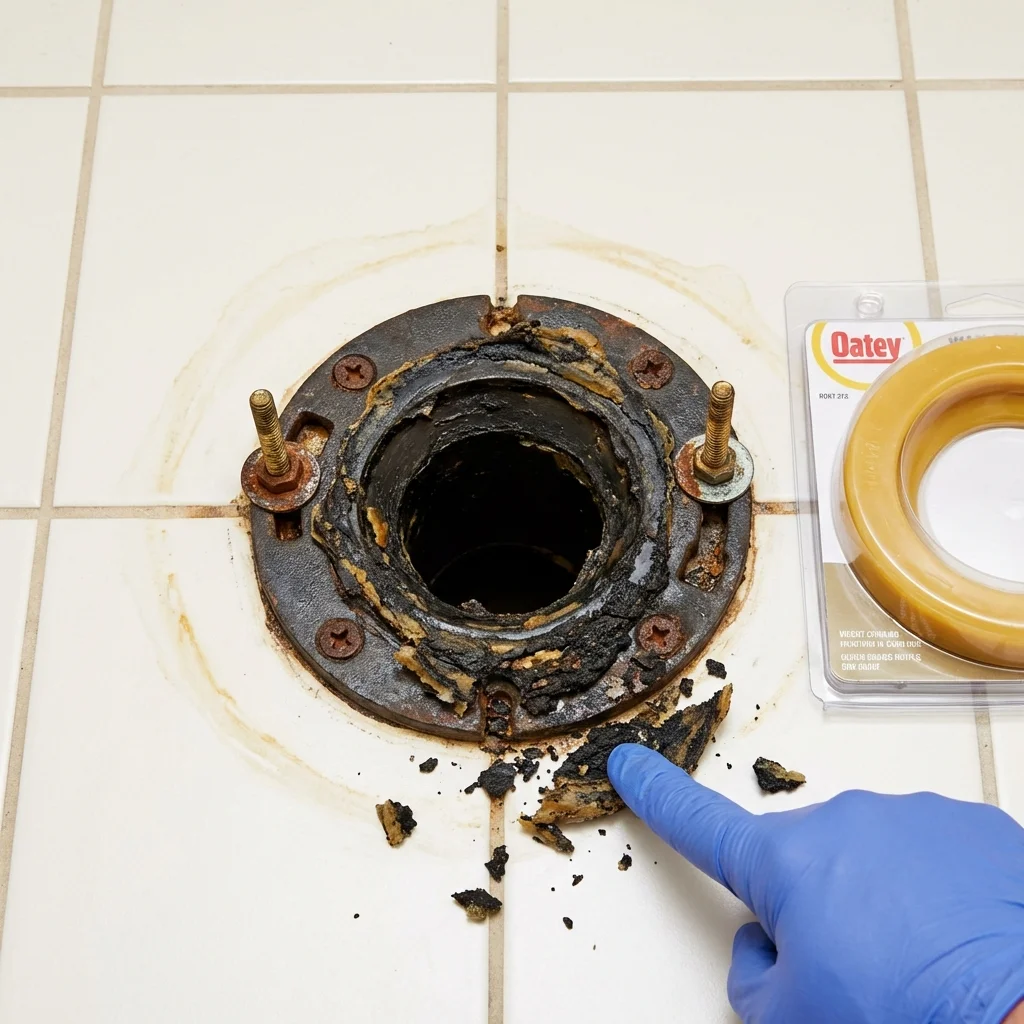 Failed wax ring showing water seepage at the base of a toilet in a Lake Geneva, WI home