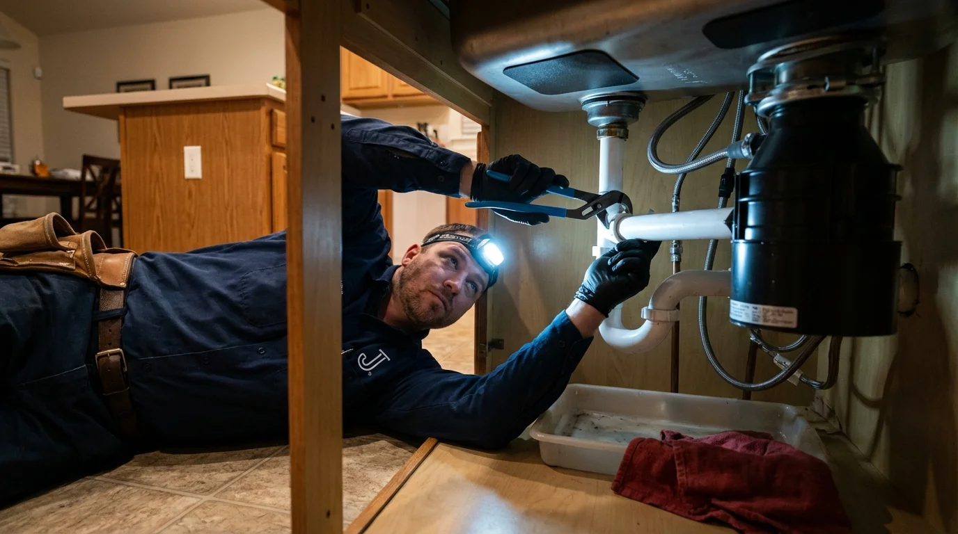 P-trap and supply line connections under a kitchen sink showing a common leak point in Lake Geneva, WI