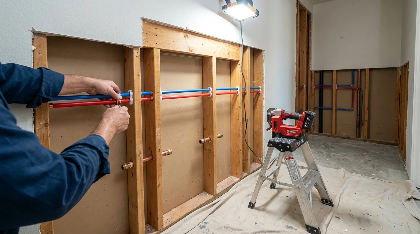 Old galvanized pipes being replaced with modern PEX piping during a whole-house repipe in Lake Geneva, WI